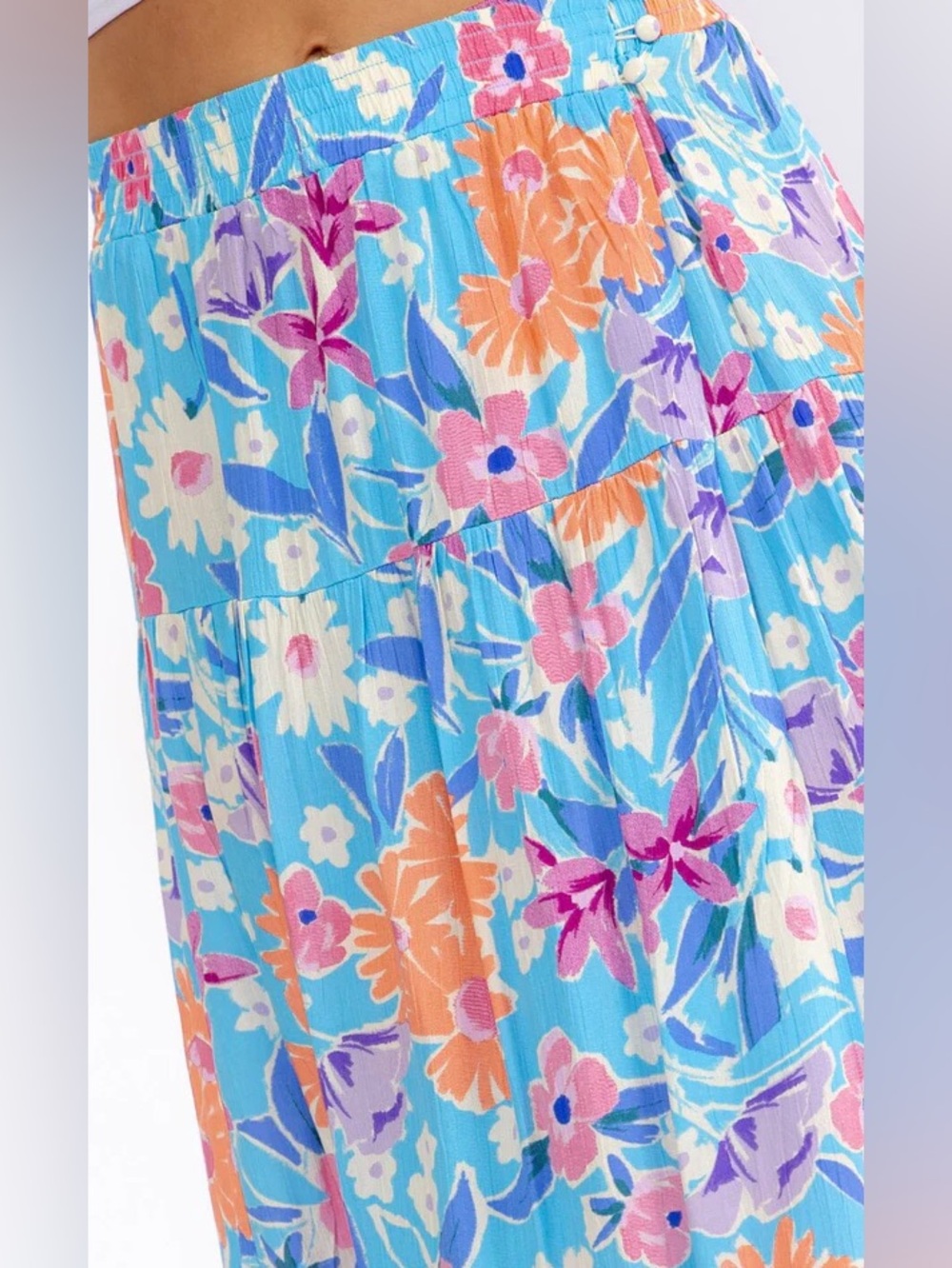 Promesa- Blue Floral Maxi Wrap Skirt with Orange & Pink Blooms various sizes - Picture 4 of 9